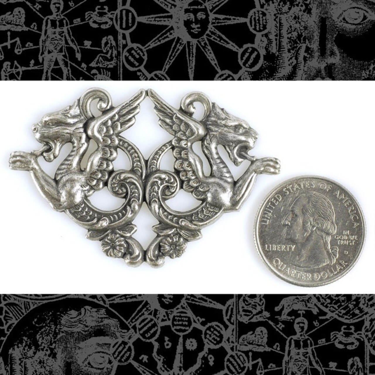 Antiqued Silver Plated Brass Vintage Double Winged Griffin Pendant - One - S-P40